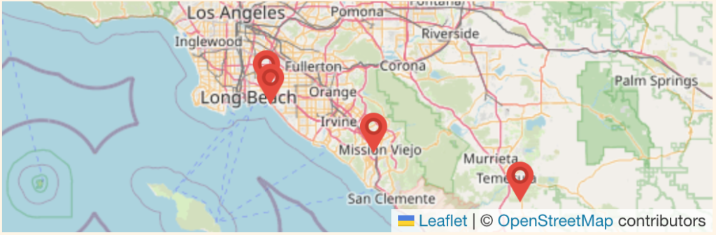 Map showing Boba bee locations marked with pins in the Lake Forest, Long Beach, Temecula and Lakewood